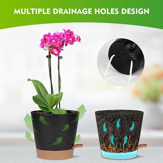 JGB 4 Pcs Orchid Pots with Holes - Each of 5, 6, 7 and 8 inch - Self Watering Orchid Pots and Plastic Breathable Orchid Planters for Repotting - Black