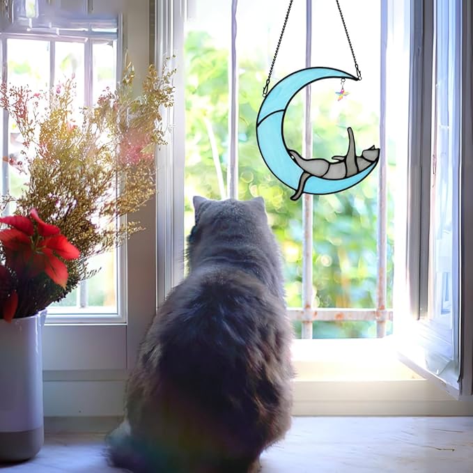 BOXCASA Colorful Crystals Star Cat Suncatchers for Window,Gray Cat Stained Glass Window Hanging,Funny Cat Moon Decor,Cat Gifts for Cat Lovers,Women Mom Grandma Aunt Friend