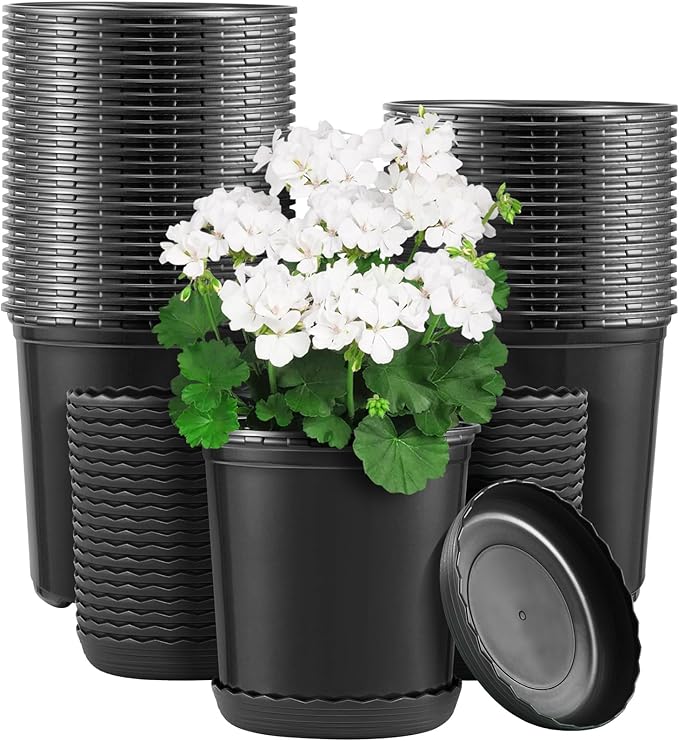 GROWNEER 40 Set 6‘’ 1 Gallon Nursery Pot for Plants Flexible Flower Pots with Drainage Hole and Saucer Plant Container for Indoor Outdoor Seedlings Vegetables Succulents Cuttings(Black)