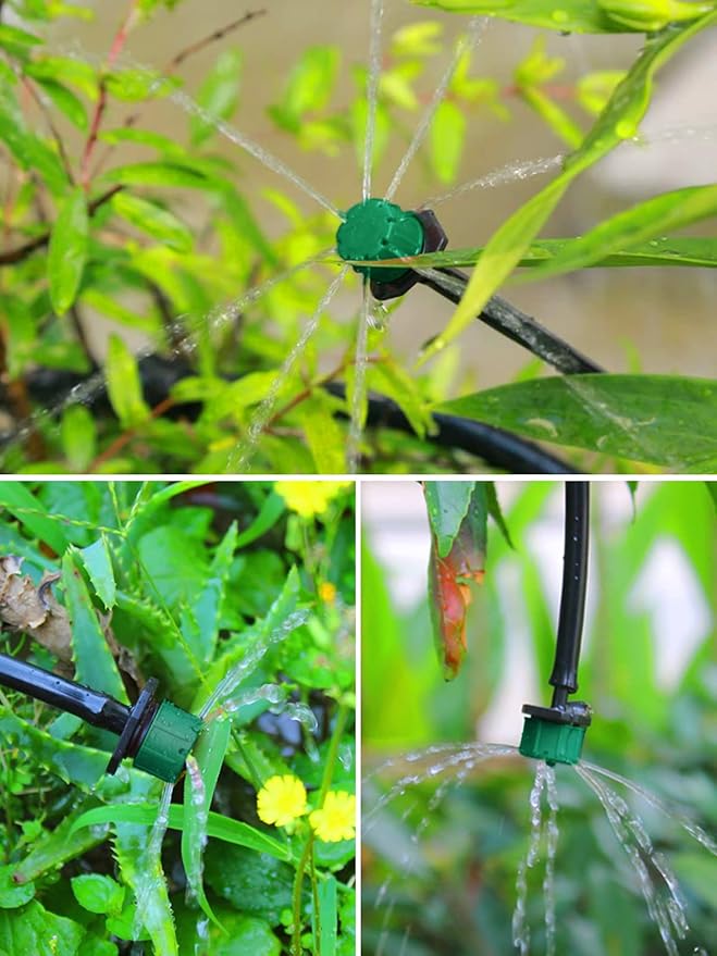 Kalolary 200Pcs Adjustable Irrigation Drippers, 1/4 Inch Barbed Drip Emitter 360 Degree Watering Sprinklers Anti-Clogging Drippers for 4mm/7mm Garden Watering System（Dark Green）