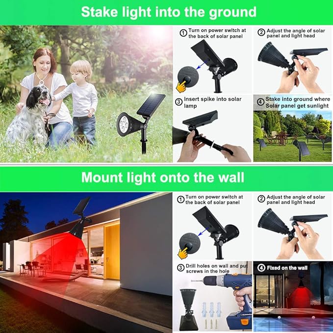 Solar Lights Outdoor, 4-LED Solar Spotlight LED Landscape Lights IP67 Waterproof Solar Powered Landscaping Lights Outdoor Lighting for Tree Garden Yard Patio(2 Pack, Red)