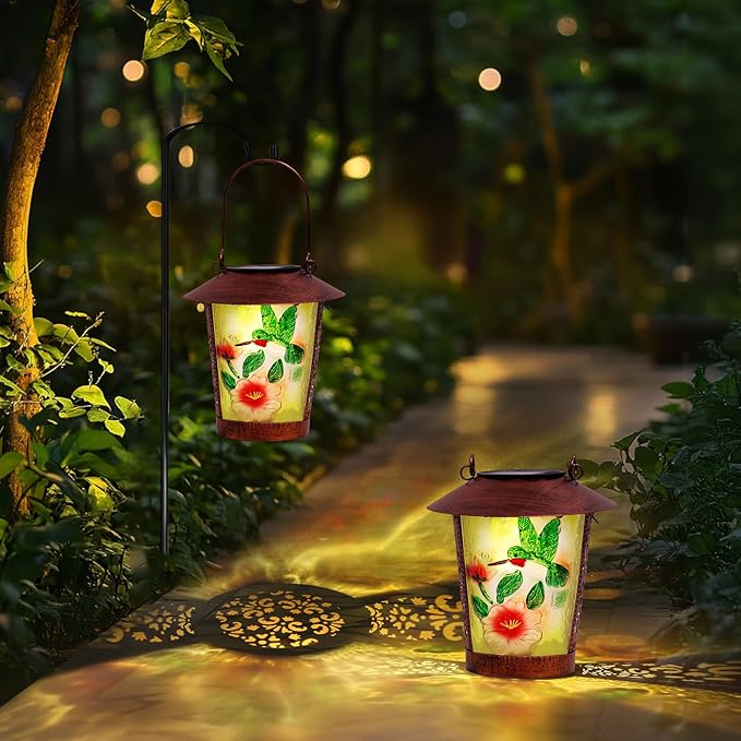 Hanging Solar Lantern Outdoor Decorative Waterproof LED Solar Hummingbird Lights Tabletop Lamp with Hollowed-Out Design for Outdoor Garden Patio Yard Deck Table Porch Pathway Wall