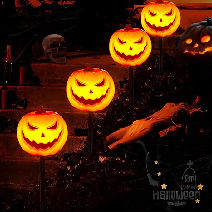 4 Pack Halloween Smiley Pumpkin Pathway Lights, 7Ft LED Decorative Outdoor String Lights Plug in With 4 Jack O Lantern Stakes for Garden Yard Walkway Party Decor