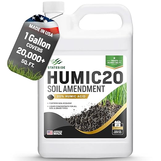 1 Gallon 20% Humic Acid for Lawn - Covers 20,000 sq ft, Humic20 Soil Amendments, Ideal Soil Conditioner for Lawns, Promotes Aeration & Better Structure for Stronger Roots & Healthy Grass Growth