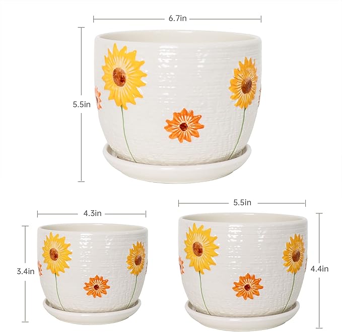 Ton Sin Plant Pots,Set of 3 Ceramic Sunflower Flower Pots for Indoor Plants,4+5+6 inch Pots with Drainage Hole Saucer,Garden Pots Catus Planters