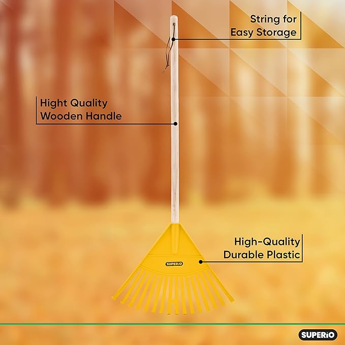 Superio Kids Rake with Hardwood Handle, Durable Plastic Head to Sweep Leaves in Lawn and Tidying Up The Garden, 34" (Kid Size, Yellow, 1-Pack)