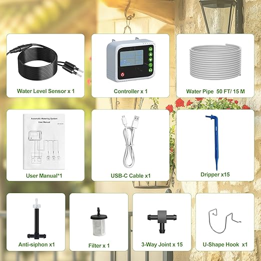 PChero Automatic Drip Irrigation System Kit, Indoor Plant Self Watering System Devices for 15 Potted Plants, USB Charging Plant Waterer Indoor with Timer, Buzzer and Water Sensor for Vacation