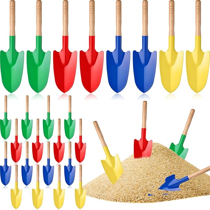 Gisafai 24 Pcs Toy Shovels for Kids Gardening Tools Kids Shovel Mini Metal Garden Shovel Sand Shovels for Kids with Sturdy Wooden Handle for Toddler Soil Planting Digging Tools, 4 Colors