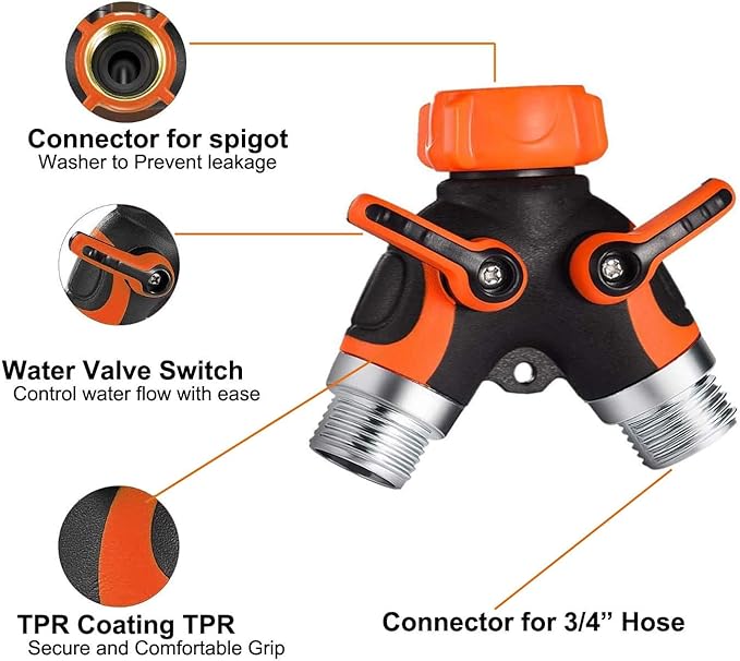 Y Hose Splitter 2 Way, 3/4” Garden Hose Connector with Comfortable Rubberized Grip for Outdoor Faucet, Sprinkler & Drip Irrigation Systems，Orange