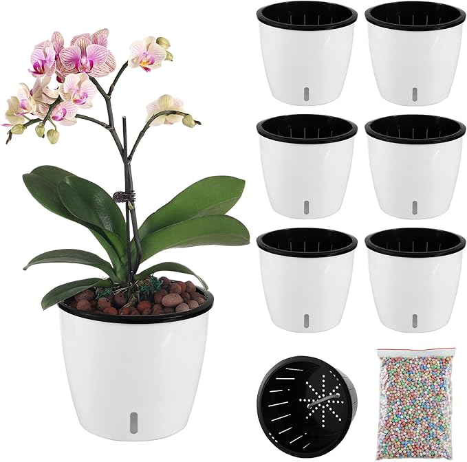 Planterhoma 6.7 Inch Self Watering Pots for Indoor Plants, 6 Packs White African Violet Pots with Water Indicator and Black Wick Pots, Self Watering Planters for Devil's Ivy, Indoor Plant Pots