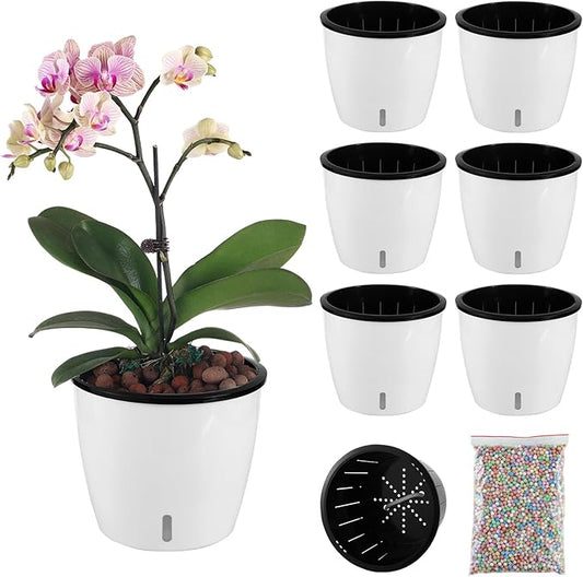 Planterhoma 6.7 Inch Self Watering Pots for Indoor Plants, 6 Packs White African Violet Pots with Water Indicator and Black Wick Pots, Self Watering Planters for Devil's Ivy, Indoor Plant Pots