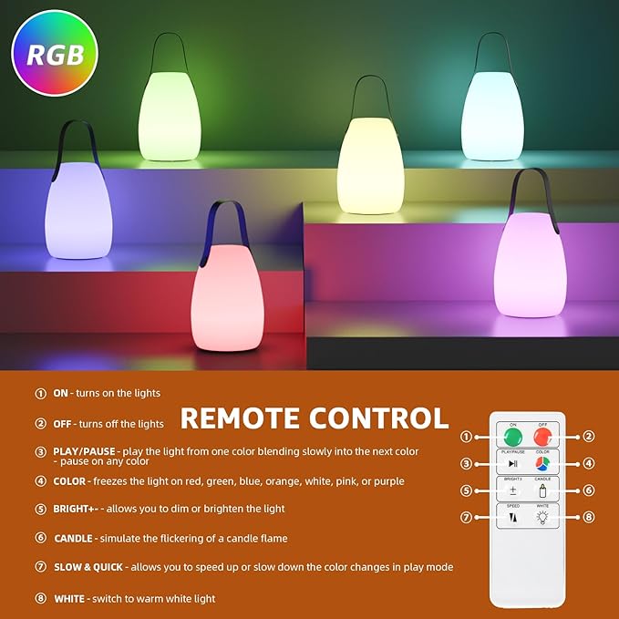 uuffoo 2 Pack Portable Outdoor Table Lamp, Dimmable Cordless Lamp with Remote and 7 RGB Colors IP44 Waterproof Hanging Lamp Indoor/Outdoor Night Lamp Lantern for Bedroom Garden Dining Camping