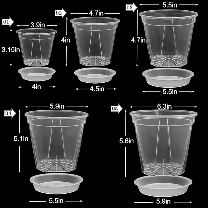 Clear Nursery Pots for Plants - 10 Pack Transparent Plastic Planter in 3.9/4.7/5.5/5.9/6.3 Inch Reinforced Plant Pots with Drainage Holes Durable Seedling Pots with 10Pcs Labels