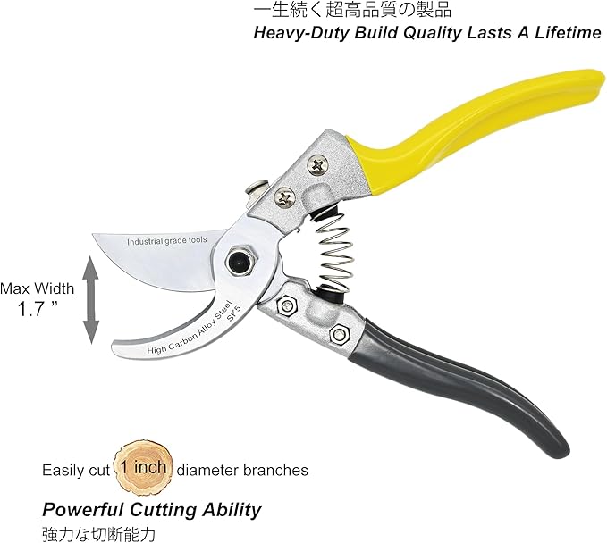 Pruning Shears for Gardening [Made in Japan] Professional 8" Sharp Bypass Garden Shears, Heavy Duty Pruners, Clippers, Secateurs, Pruning Scissors for Plant, Branch, Bonsai, Tree