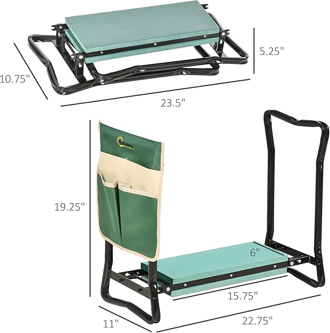Outsunny Garden Kneeler Seat Stool Bench Kneeling Pad and 1 Large Side Tool Pouch & Easy Folding Design for Transport & Storage