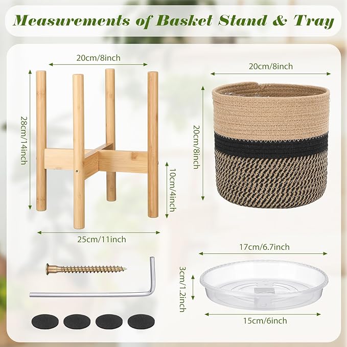 Plant Basket with Stand Indoor Planter Pot Holder Sturdy Jute Rope Modern Woven Basket, Cotton Rope Woven Pot with Bamboo Stand(7.87 Inch,Black and Beige Stripes)