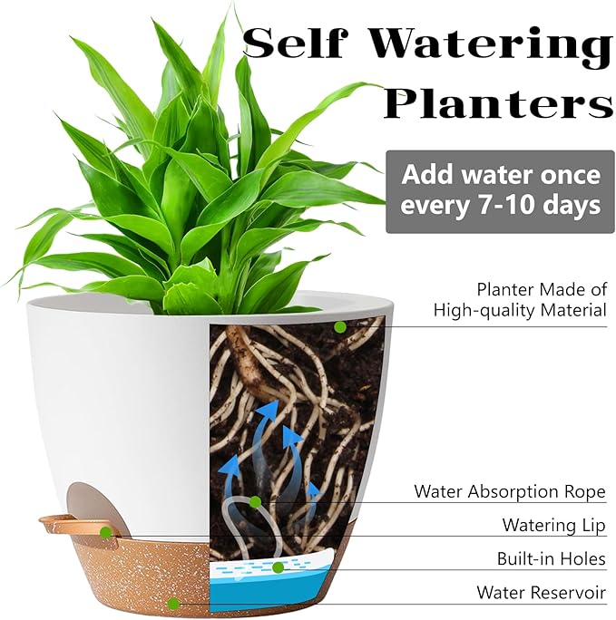White Self Watering Pots with Drainage Planting Pots for HousePlants Plastic Flower Pots Outdoor Plant Pots Gift Idea Decorative Flower Pots Draining Pots for Indoor Plants