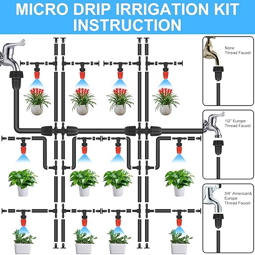 165FT Drip Irrigation System Kit, Greenhouse Irrigation System Patio Misting Plant Watering System, Yard, Lawn, Plant with 5/16 inch 1/4 inch Hose Distribution Tubing and Accessories