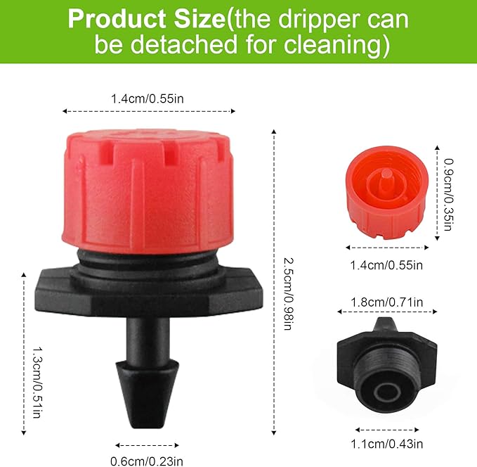 Kalolary 200Pcs Adjustable Irrigation Drippers, 1/4 Inch Barbed Drip Emitter 360 Degree Watering Sprinklers Anti-Clogging Drippers for 4mm/7mm Garden Watering System（Red）