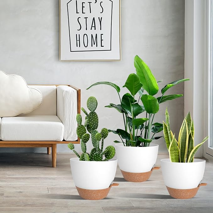 Planters for Indoor Plants, 10/9/8 Inch Self Watering Plant Pots with Drainage Hole, Plastic Planters Flower Pots for Indoor Outdoor Plants (White)