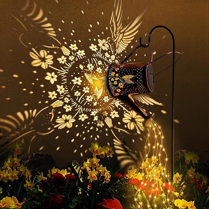 Solar Watering Can Outdoor Lights Garden Decor,Hummingbird Hanging Lantern Waterproof Landscape Lights Outside Decoration for Yard Porch Patio Pathway Gardening Gifts(with 32 inch Shepherd Hook)
