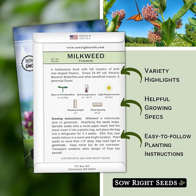 Sow Right Seeds - Common Milkweed Seeds for Planting - Attract Monarch Butterflies to Your Garden - Non-GMO Heirloom Seed Packet with Full Instructions to Plant - Perennial Plant for Pollinators (1)