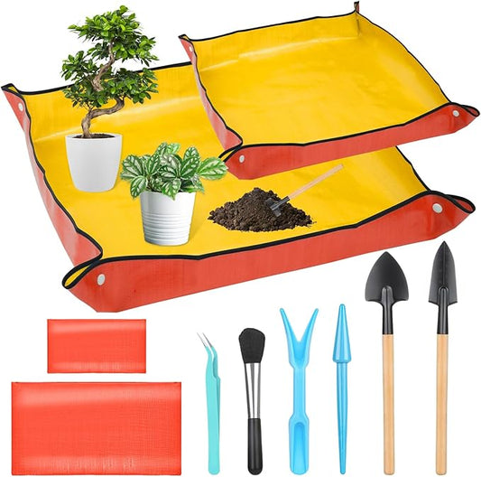 2Pcs Repotting Mat for Plant Transplanting, 39'' Gardening Mat and 26'' Orange Potting Mat for Indoor, Thicker Potting Tray with Plant Accessories Foldable Waterproof Planting Mat for Plant Lovers