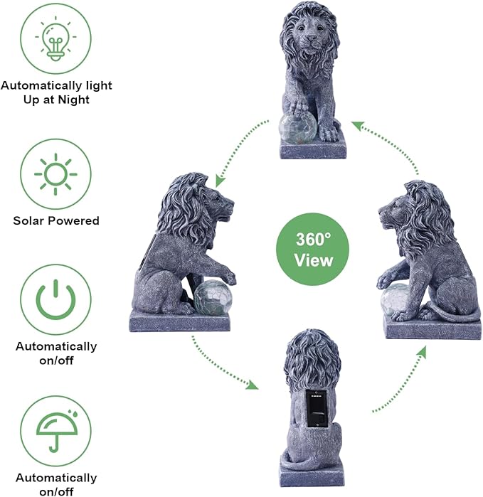 Solar Lion Statue for Garden Decor: Outdoor Figurines Sculpture with Ball for Lawn Patio Yard Balcony - Gifts for Mom Grandma Women