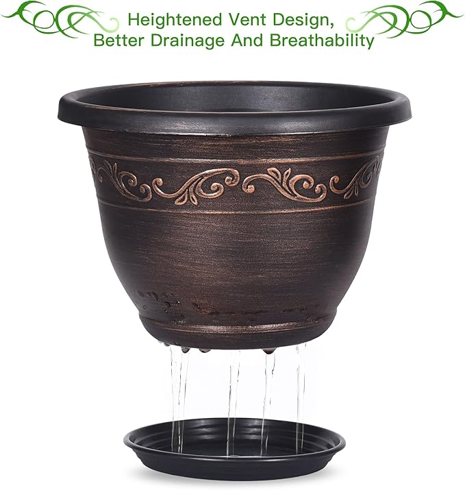 Plastic-Plant-Flower-Planters-12 Inch with Drainage Hole & Saucer, 3 Packs Lightweight Small Resin Flower Pot Indoor Outdoor, Retro Antique Imitation Decorative Garden Containers Sets for Houseplants