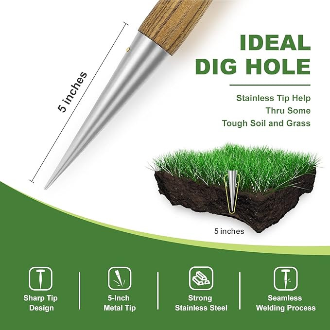 Dibber Garden Tool, Stamped Stainless Steel Tip Seed Dibber, Smooth Splinter-Free T-Shape Wood Handle Dibbler with Comfortable Grip, 11-Inch Dibber for Planting Seed and transplanting seedling