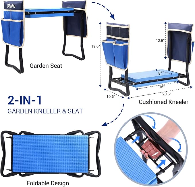 Ohuhu Garden Stool Garden Kneeler and Seat, Foldable Gardening Bench Heavy Duty with Thicker Wider Kneeling Pad 2 Large Tool Pouches Gifts for Women Men Gardener Parents Elders Friends