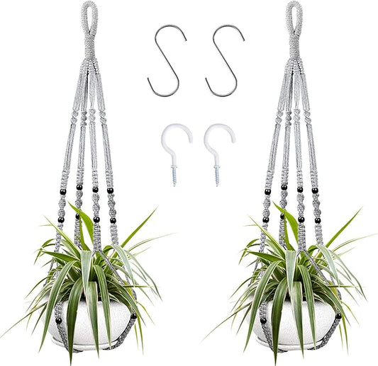 Augshy 2 Packs Macrame Hanging Planter, Indoor Hanging Planter Basket with Wood Beads Decorative Macrame Pot Hanger for Home Decor (Grey)