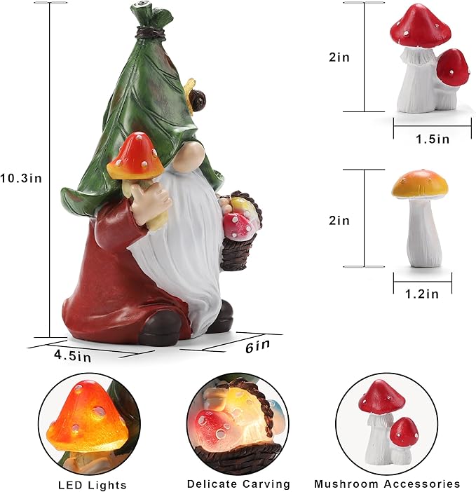 Mushroom-Picking Gnome Solar Garden Statue with 3 LED Lights, Set with 1 Gnome and 2 Small Mushroom, Lovely Garden Gnome Set for Patio, Yard, Lawn Ornament, Outdoor Decor