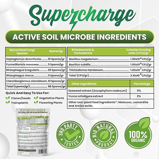 Mycorrhizal Fungi with Beneficial Bacteria, Trichoderma, Sea Kelp, Molasses, Yucca, Smart Grower Supercharge Plant Root Enhancer 4oz Super Concentrate Powder Makes 50 Gallons