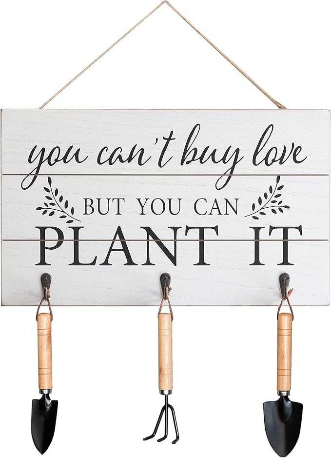 COLLECTIVE HOME - Garden Decor with Tools, Inspirational Wood Hanging Signs, Garden Tools Set - 3 Piece, Out Door Decor with Hooks, You Can't Buy Love BUT You CAN PALNT IT, 15.75"x9.5" (White)