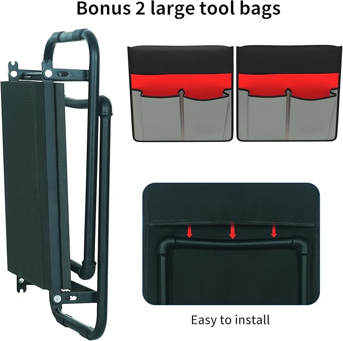 Folding Garden Stool and Kneeler 2-in-1 Garden Kneeler and Seat Heavy Duty Garden Bench for Kneeling and Sitting 2 Tool Pouch for Fishing Camping Great Gardening Gifts for Seniors(Red)