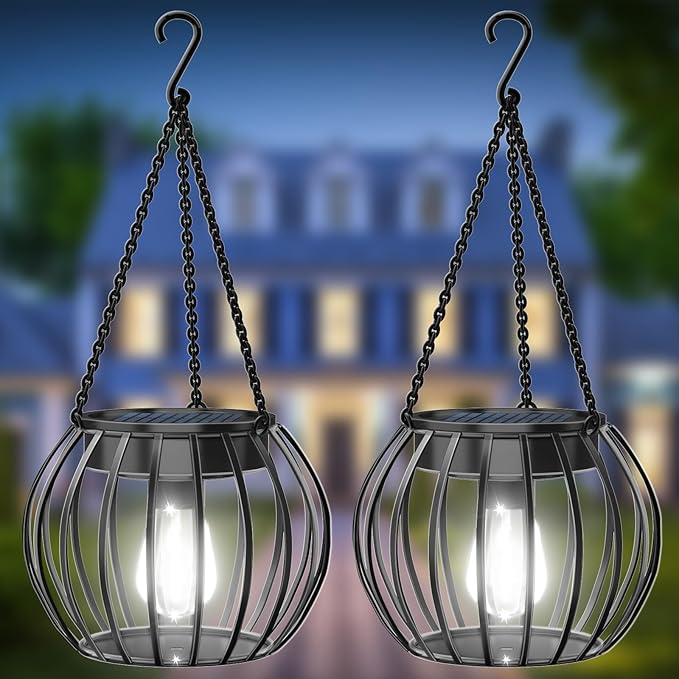 UBright Solar Powered Lights Outdoor Waterproof Hanging Lights for Outside 15" Metal Solar Lanterns Decorative Outdoor Garden Yard Patio Pathway Decor 2 Pack,Cool White