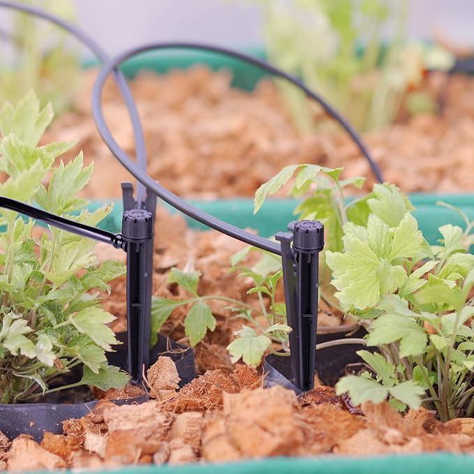 Retisee 50 Pcs Adjustable Flow 0-18 GPH Drip Irrigation Emitters 8 Holes Irrigation Drippers with Stake 360 Degree Irrigation Sprinkler Head Fit 1/4 Inch Drip Irrigation System for Garden Watering