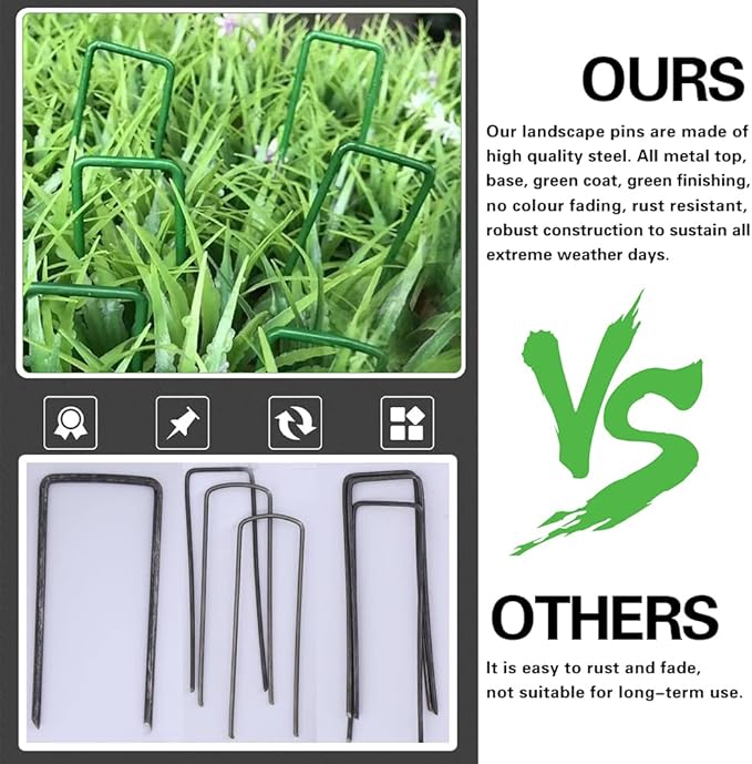 Bakulyor 100Pcs Green Landscape Staples 6 Inch Garden Artificial Turf Stakes Staples, 11 Gauge Lawn Galvanized Ground Fabric Pins for Weed Barrier Sod Decorations Holding Fence and Irrigation Tubing