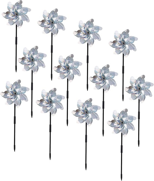 BATTIFE 12 Pack Pre-Assemble Sparkly Reflective Pinwheels | Silver Bird Blindness Pin Wheel | Scare Birds & Animals Away | Wind Spinner for Yard and Garden