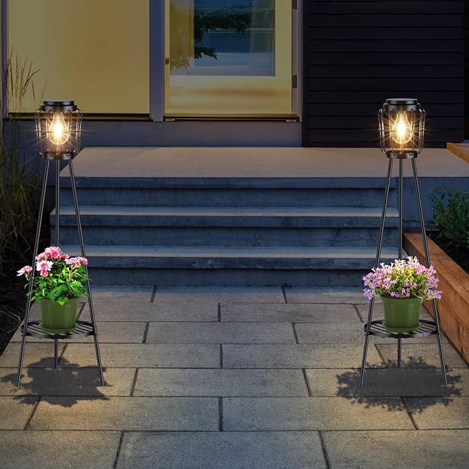 2 Pack Solar Lights Outdoor with Plant Stands, Solar Floor Lamp with LED Edison Bulbs for Garden Yard Pathway Driveway Front/Back Porch Decoration