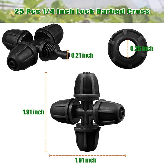 JAYEE Drip Irrigation Fittings 1/4 Inch, 25 Pcs Lock Barbed 4 Way Cross for ¼ in. tubing, Drip Line Connectors Couplings Irrigation Parts for Drip Sprinkler Garden Lawn Watering Systems, Black