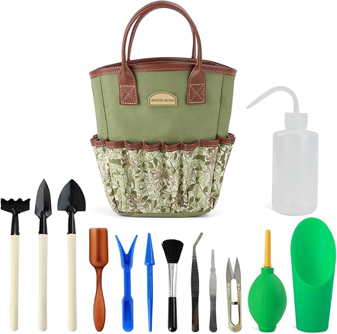 G GOOD GAIN Garden Succulent Kit with Organizer Bag, Indoor Mini Hand Gardening Tool Set, 14 Pieces Tools for Bonsai Planter Miniature Fairy Planting Care(Honeysuck)
