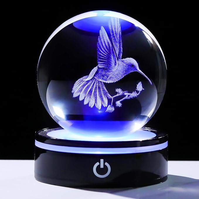YWHL 3D Crystal Ball Hummingbird Figurine with LED Base, Hummingbird Gifts for Women Men Hummingbird Lovers on Christmas Birthday, Hummingbird Ornament Glass Decorative Ball for Home Decor (80mm)