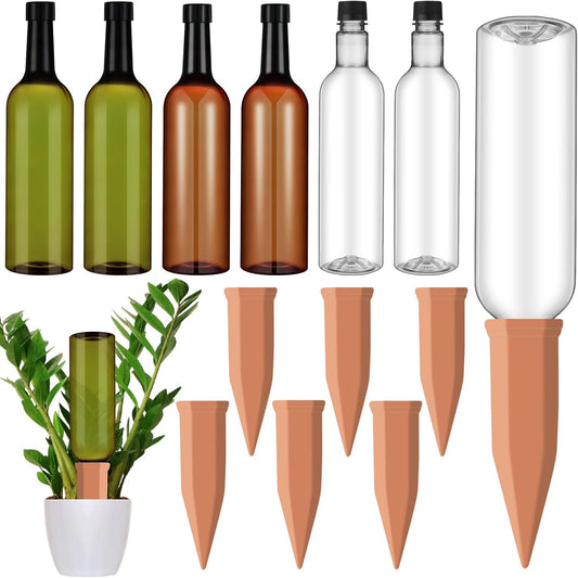 6 Sets Plant Watering Devices Include Terracotta Self Watering Spikes and 26 oz Plastic Bottles, Slow Release Vacation Insert Automatic Plant Waterer Device (Green Clear Brown and Terracotta)
