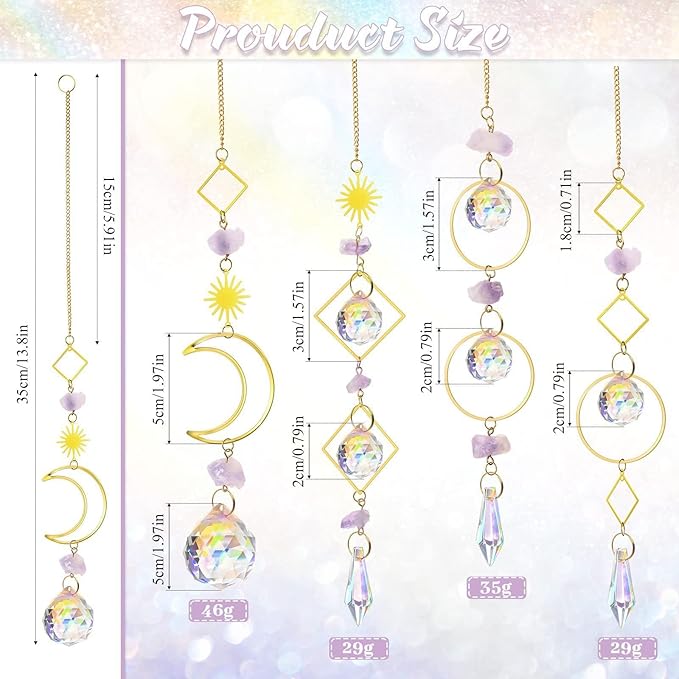 Crystal Suncatcher Rainbow Maker Hanging Prism Ornament Pendant Home Garden Car Decoration 4 Pack Gift Kit Sun Catchers Indoor Window, 13.8 Inch
