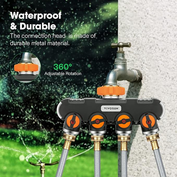 VIVOSUN Garden Hose Splitter 4 Way, Heavy Duty Water Hose Connector 3/4", Water Hose Manifold, Faucet Adapter with Comfortable Rubberized Grip for Drip Irrigation, Lawns
