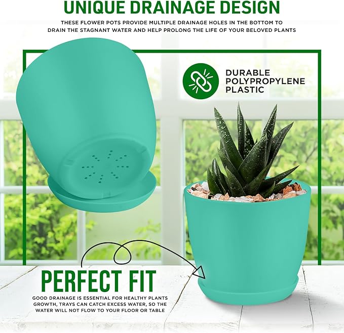 Planter Pots with Drainage Holes - Lightweight, Durable, and Space-Saving Pots for Indoor and Outdoor - Versatile Functionality, Simple Modern Design, Set of 5 Plastic Planter Pots - Aqua