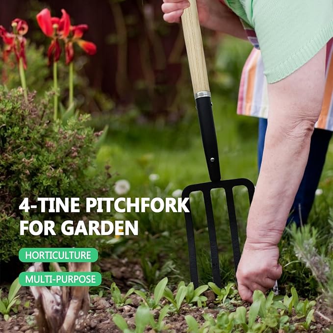 Garden Fork,4-Tine Pitchfork,Spading Digging Fork,Forged Steel Y-Grip, Wood Handel,45Inch