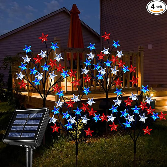 Solar 4th of July Decorations Outdoor Lights, 4-in-1 8 Modes Red White and Blue Star Stake Lights, Waterproof Solar Patriotic Decorations Outdoor for Fouth of July Memorial Day Yard Pathway Grave